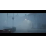 Foggy blue street scene with a 20 mph sign, lamppost, and faded blue houses along a misty road.