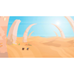 Desert scene with pale curved rock arches, sandy dunes, bright blue sky, and two small desert animals walking in the foreground.