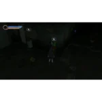 Character in a dark, abandoned hallway stands at a green keypad/terminal on a wall, ready to interact.