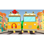 60d80001-0b53-4740-aed8-78e91e75bb64__756311782505427 - Video Game Depot Two cartoon yellow buses with faces drive side by side down a sunny city street as ducklings cross the road.