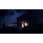 611wjE4Ke8L_SL1500___052851783533600 - Video Game Depot A person with a flashlight approaches a dilapidated two-story wooden house at night, with foggy yard.