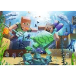6145z8hLBlL_AC_SL1024___701781785351844 - Video Game Depot Minecraft scene: Steve and another blocky character swim underwater with a large green turtle and several squids amid coral reefs and bubbles.