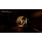 First-person shooter scene: player aims a rifle at a group of zombie-like enemies in a dark industrial corridor; on-screen mission prompts visible in the corner.