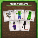 Minecraft-themed poster showing five character cards (skeleton, zombie, creeper, witch, enderman) titled 'Mobs You Love' on a dirt background.