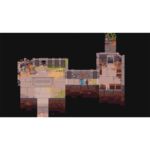 Pixel-art dungeon scene: two tiny adventurers stand on a rocky ledge beside a broken gate amid ruined stone walls and vines above a dark chasm.