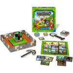 Minecraft Junior board game box with a green cover and pixelated characters, plus game board, tiles, and plastic pickaxes laid out beside it.