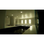 61Dkx5NVbYL_SL1500___769501776280332 - Video Game Depot Dimly lit indoor swimming pool with a curved, sunken basin, white tile edges, and a metal ladder by the poolside.