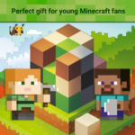 Minecraft-style scene with two blocky characters beside a large multicolored cube on a green landscape; banner reads 'Perfect gift for young Minecraft fans'.