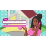 61F3iuYhMJL_SL1500___088141783611405 - Video Game Depot Animated Barbie-style girl on a pink phone asking, 'Hey Bestie, could you help me decorate?' with two reply options in pink bars: 'Seriously? Of course, I love decorating!' and a colorful background.