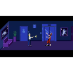 61FEy6QU1HL_SL1500___670431781803205 - Video Game Depot A man in a white coat and cap holds a yellow megaphone and faces a zombie reaching toward him in a dark blue hallway with an elevator and purple decor.