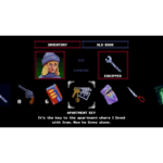 61KNQ6hMkoL_SL1500___049901781803205 - Video Game Depot Pixel-art inventory screen with a female portrait on the left and an equipped wrench on the right; items (gun, box, keys, cards) line up below; text shows 'APARTMENT KEY' and a caption.