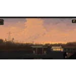61No6MmJxML_SL1500___890011760560427 - Video Game Depot Sunset scene at a small gas station beside railway tracks, with orange-pink clouds and a distant train line; pumps and a small station building are visible in the foreground, and 'DIMES DISCOUNT' appears at the bottom edge.