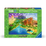 Green Ravensburger Minecraft puzzle box showing a colorful Minecraft landscape with river and mountains, 1500 pieces.