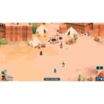 Pixel-art desert camp with three white tents, campfire, crates, and characters following dotted blue paths.