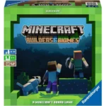 Front cover of the Minecraft Builders & Biomes board game box, green frame and blue cave scene with blocky characters exploring.
