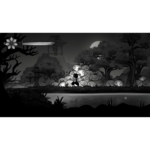 Black-and-white night scene: a lone figure runs along a pond beside a large pile of pumpkins, with a decorative sword extending from the left edge.