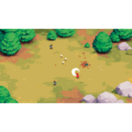 Top-down pixel-art battle in a grassy clearing; a red-clad character attacks a foe with a white circular slash while two other characters observe nearby in a forested area.