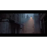 Narrow foggy alley at dusk with string bunting, old brick buildings, and a glowing streetlamp.