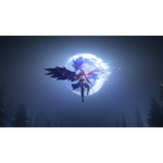 Winged female warrior with dark blue feathers soars in front of a bright full moon over a pine forest at night.