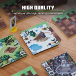 Minecraft-style board game components laid out on a wooden table, with a bold 'HIGH QUALITY' banner and caption 'Well made with high quality components'