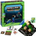 Minecraft Builders & Biomes board game box with pixel art frame, two blocky characters, and stacked cubes; game pieces and cards laid out beside it.