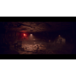 61mE9rfgEJL_SL1500___240791781729002 - Video Game Depot Dim underground cave seating area with wooden benches and tables, a red light on the left and soft spotlights in the haze.
