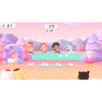 Pastel cartoon scene of children skipping rope by a pink lake with purple trees and onlookers in the foreground.