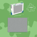 Ravensburger 1500-piece puzzle box beside a flat gray puzzle on a green background with size indicators.