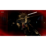 First-person shooter scene: player aiming a rifle in a dark industrial hallway with blood splatter and red vignette lighting