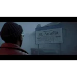 Person wearing a knit cap and coat looks at a foggy sign reading 'Welcome to St. Amelia' outside a building.