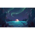 Bear in a red scarf holding a lantern on a snowy hill under the northern lights, with blue trees and dark forest silhouettes nearby.