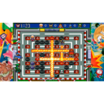 67f10c36-5776-4388-9ac1-eecba5cb0b01__003431783709275 - Video Game Depot Retro Bomberman-style arcade game screenshot: a maze filled with crates, fire-cross explosion in the center, and pixel enemies around.
