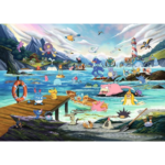 Vibrant seaside scene with many Pokémon playing near a wooden dock, boats, and a lighthouse on the coast.