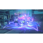 71-zv1fRNbL_SL1500___310091779297973 - Video Game Depot Characters clash in a neon-lit sci-fi arena, blue-purple energy arcs swirling between them as they leap and fight amid industrial crates and platforms.