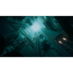 710-AwRaEuL_SL1500___862551783532731 - Video Game Depot Futuristic city canyon: towering glass skyscrapers converge toward a bright, blue-green glow overhead viewed from below.