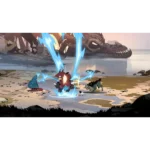 710hmMsi21L_SL1500___832551775853346 - Video Game Depot Cartoon battle on a rocky beach as blue electric blasts strike the ground near three characters and a dragon head in the background.