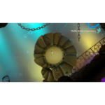 In-game scene: a large circular, rune-decorated platform viewed from above, with chains and a glowing blue–yellow background; on-screen text reads 'Find the District's Power Source'.