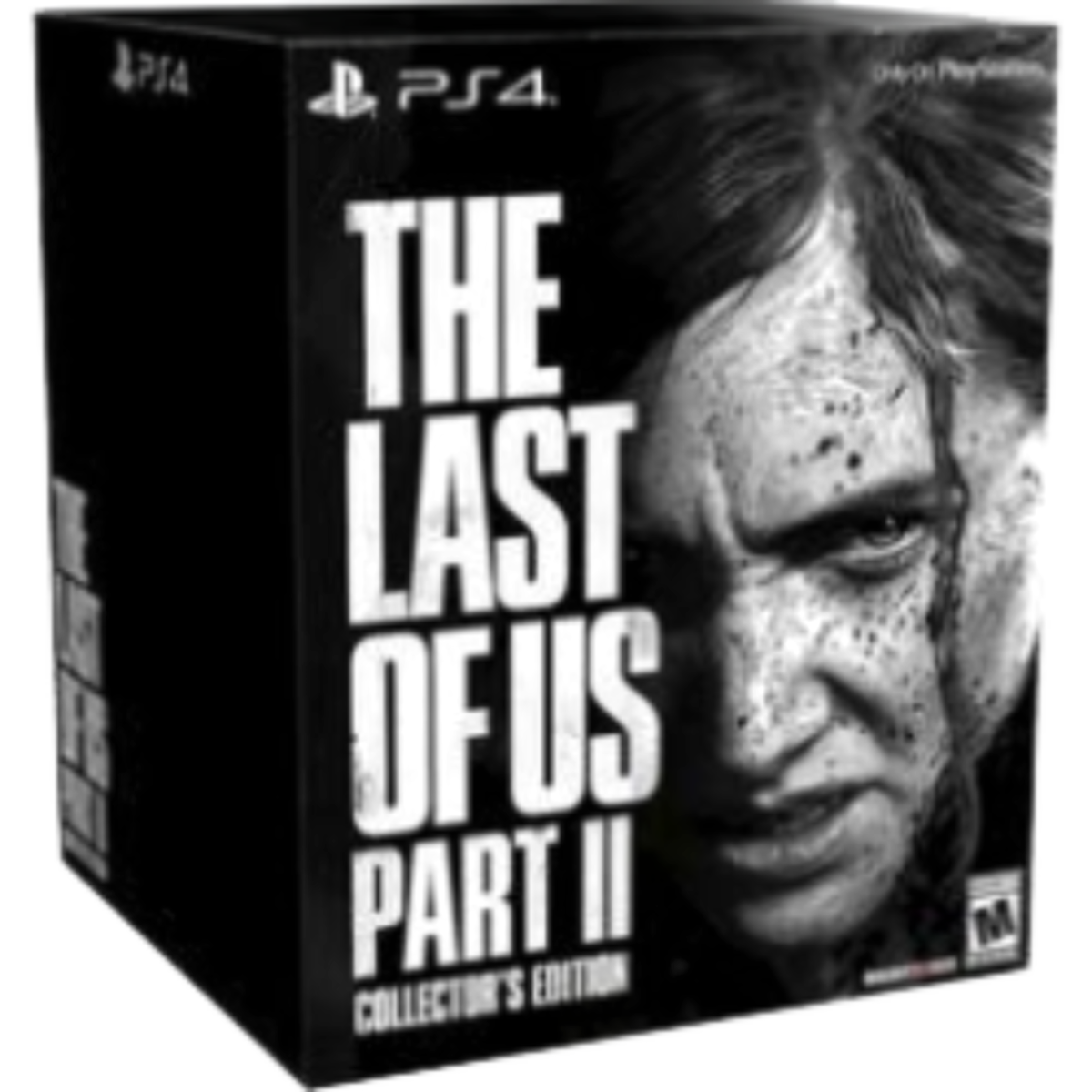 Box for The Last of Us Part II Collector's Edition on PS4, featuring a grayscale close-up of a man's face on the right and bold title on the left