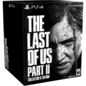 Box for The Last of Us Part II Collector's Edition on PS4, featuring a grayscale close-up of a man's face on the right and bold title on the left
