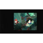 Whimsical illustration of two children in a dark green forest; one with a red hood peeks from behind a fence while the other reaches out with surprised expression.