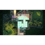 Top-down view of a sci‑fi puzzle room with glowing square tiles, red laser crosshairs, and robotic machinery surrounding the grid.
