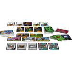 713ZrXDPDnL_AC_SL1500___527631785339826 - Video Game Depot Tabletop card game setup with multiple stacks of cards and tile cards spread across a white surface, themed around block-building.