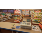 Grocery store checkout area with cash register, scanner, receipt pad, and shelves of snacks behind.