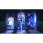 Fantasy illustration of a female warrior in blue robes standing between three glowing arch panels, each panel featuring divine imagery and weapons in a dark, magical setting.