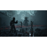 715Kaij3XFL_SL1500___101861783705462 - Video Game Depot Dark fantasy scene of armored warriors confronting a tall, humanoid creature in a ruined, misty landscape with an arched ruin in the background?