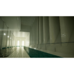 718pKrvQKJL_SL1500___007181776280343 - Video Game Depot Indoor tiled pool hall with a narrow water channel and railing along the side, trailing toward bright double doors at the far end.