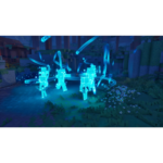719etYprpeL_SL1500___169941781275786 - Video Game Depot Group of glowing cyan Minecraft-style blocky figures gathering around a swirling blue portal in a forest clearing at night.
