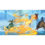 Two combatants clash in a snowy ice fortress: a green-clad fighter unleashes swirling orange fire toward a rider on a large beast.