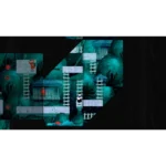 Small character in white and blue stands on a wooden platform among ladders in a turquoise forest puzzle scene.