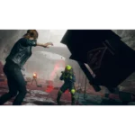 71Al7pWmrdL_SL1500___428391779470383 - Video Game Depot Woman in a black leather jacket lunges back as a neon‑clad firefighter aims a weapon in a chaotic, rubble-filled tunnel with a large dark box looming nearby.